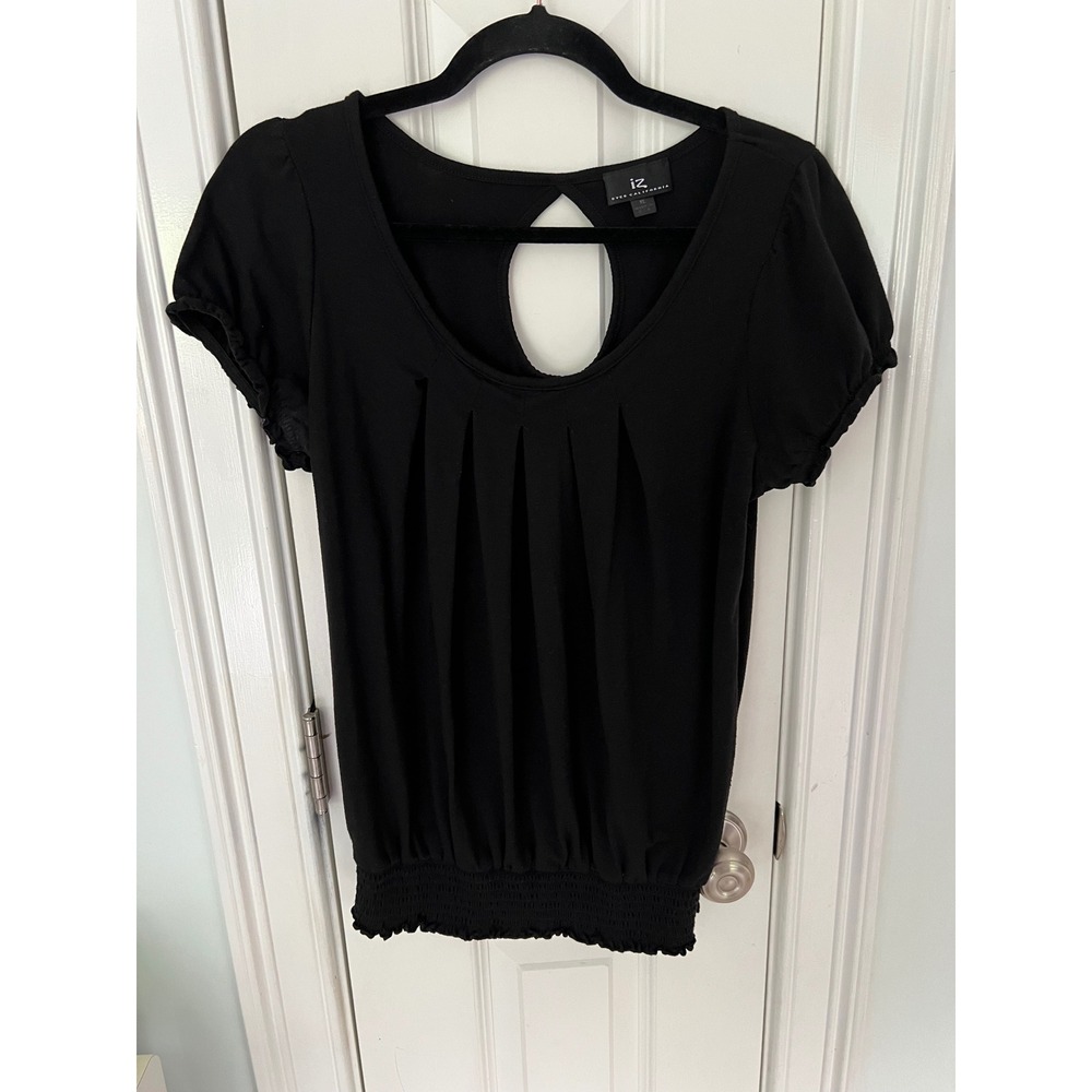 IZ Byer California Womens XL Black Pleated Keyhole Smocked Hem Blouse Top